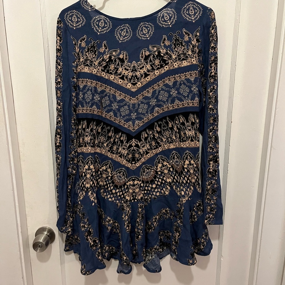 Free People Blue and Cream Backless Dress